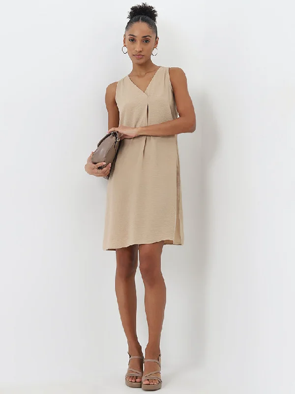 Super Deal Wardrobe Beige Textured A-Line Dress