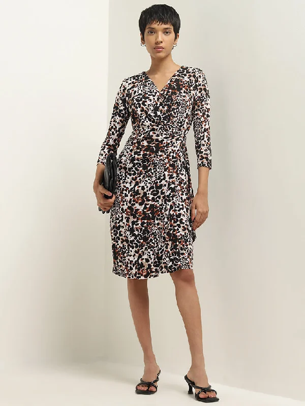 Stock Clearance Wardrobe Black Animal Print Wrap-Style Dress
