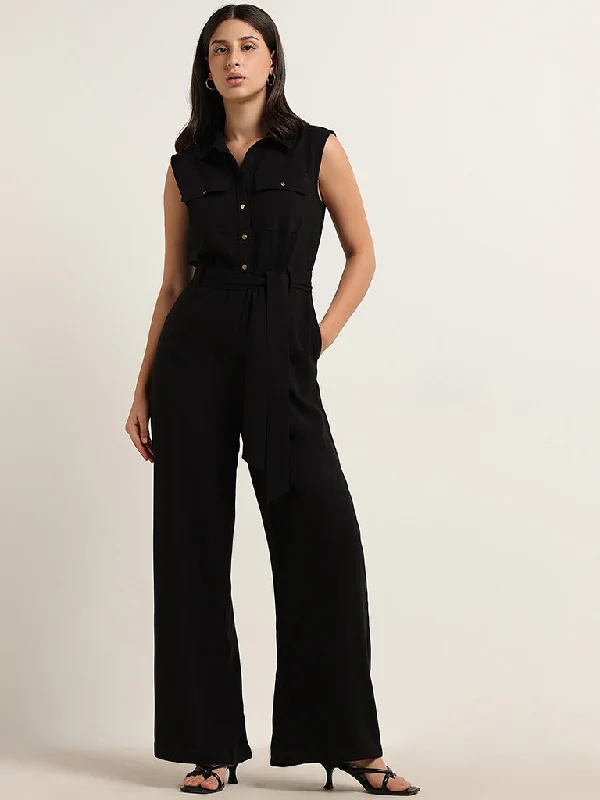 Discount Mania Wardrobe Black Solid Jumpsuit with Belt