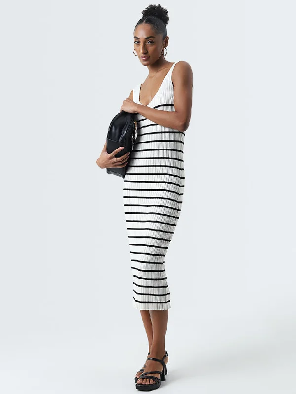 Overstock Wardrobe Ivory Striped Design Bodycon Dress