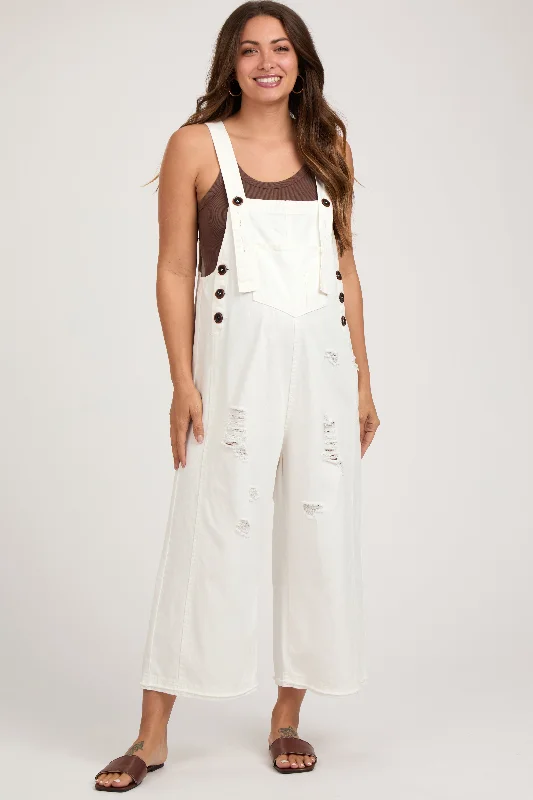 Epic Deals White Side Button Distressed Maternity Overalls